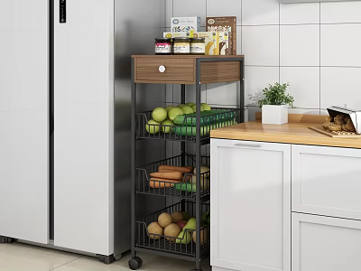 Multi Tiered Mobile Kitchen Storage Rack With Fruits Bread Plant Near Refrigerator Cabinet 3d model