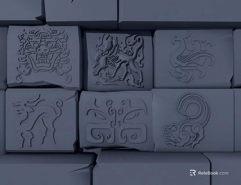 Intricate Sculpture Carving On Gray Blocks With Animal Face Dragon Bird Deer And Abstract Patterns 3d model 