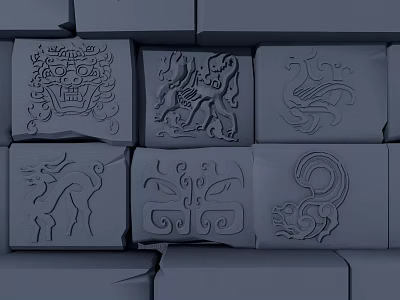 Intricate Sculpture Carving On Gray Blocks With Animal Face Dragon Bird Deer And Abstract Patterns 3d model