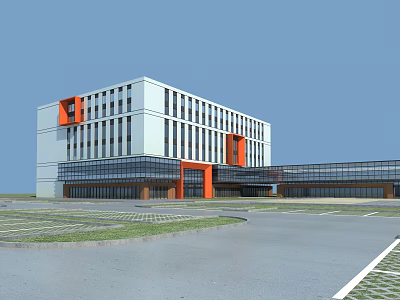 Modern Office Building With White And Orange Exterior Glass Curtain Wall Parking Area And Lawn 3d model