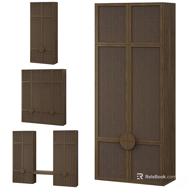 Modern Wooden Storage Cabinet With Mesh Panel Doors And Round Decorative Knobs 3d model 