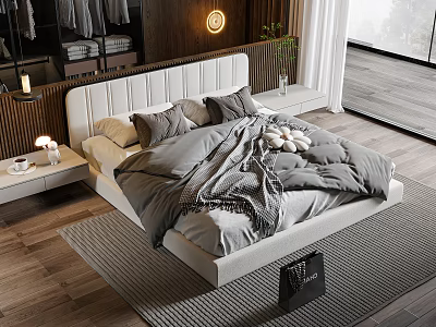 Modern Double Bed Bedroom Featuring White Headboard Gray Bedding Nightstands Lamps and Wooden Floor 3d model