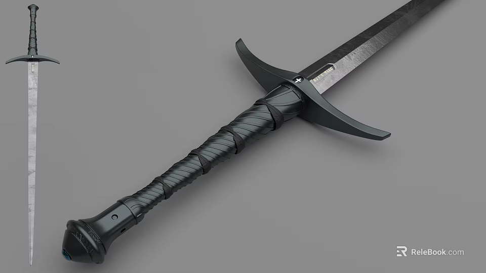 Black Medieval Sword With Twisted Handle Hilt Guard And Sharp Blade Isolated 3d model 