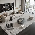 Modern Sofa Coffee Table Set Featuring Beige Sofa Round Table And Striped Rug 3d model
