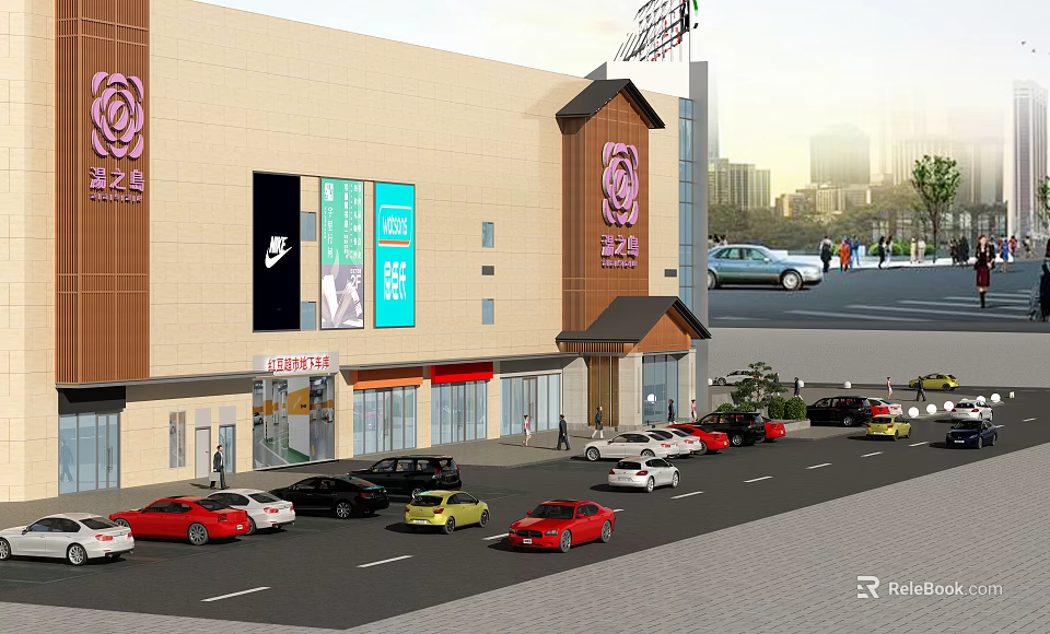 Shower Sauna Facility In Modern Shopping Mall With City View And Pedestrians 3d model 
