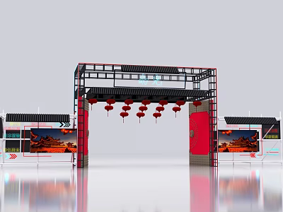 Traditional Event Gateway with Red Doors Hanging Lanterns Metal Frame and Decorative Design 3d model
