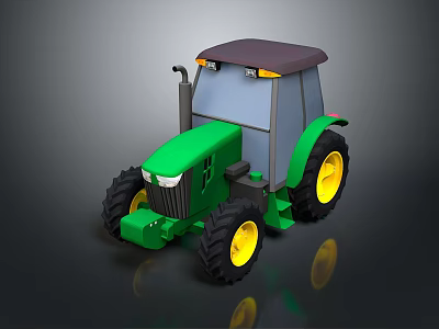 Green Tractor With Gray Cab Brown Roof Black Tires And Yellow Rims 3d model