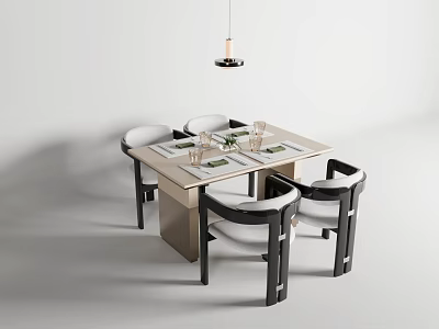 Modern Dining Table Set With White Chairs Black Legs And Pendant Light 3d model
