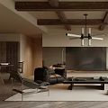 Modern Living Room Interior With Wooden Ceiling Beams Chandelier TV Wall Sofa And Coffee Table