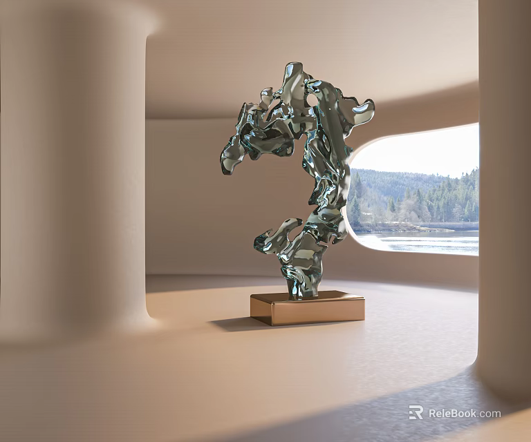 Modern Abstract Flowing Glass Sculpture On Wooden Base In Room With Window Natural View 3d model 