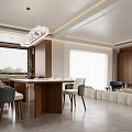 Modern Living and Dining Room Interior With Wooden Walls White Sofa Blue Armchair and Fireplace