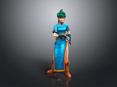 Detailed 3D Game Character With Green Hair In Blue Traditional Outfit Standing Pose 3d model