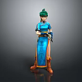 Detailed 3D Game Character With Green Hair In Blue Traditional Outfit Standing Pose