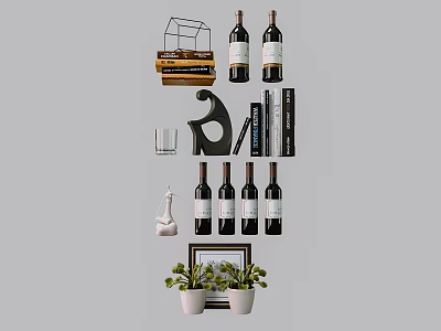 Decorative Ornament Collection With Wine Bottles Picture Frames Green Plants And Decorative Books 3d model