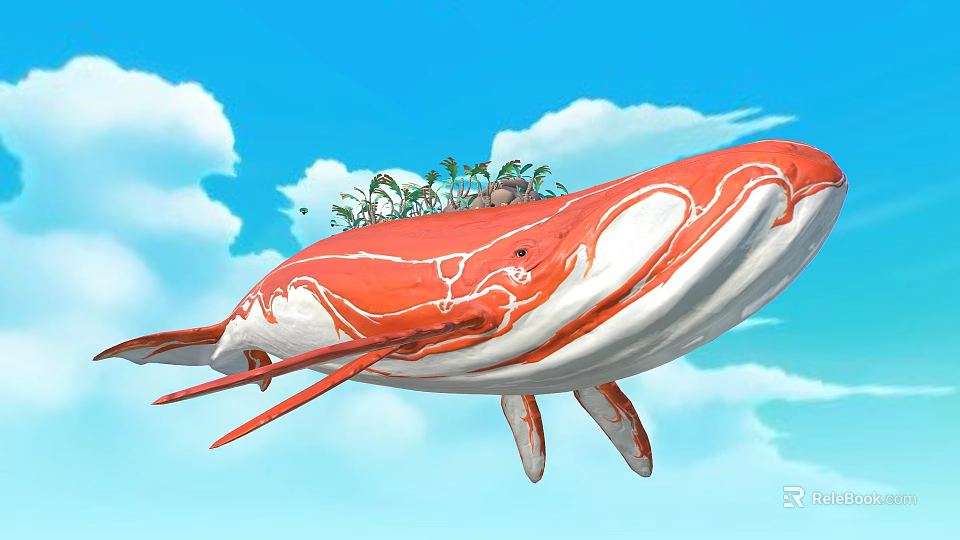Cartoon Red Whale With White Patterns Flying In Blue Sky With Plants On Back 3d model 