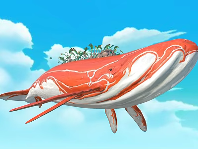Cartoon Red Whale With White Patterns Flying In Blue Sky With Plants On Back 3d model
