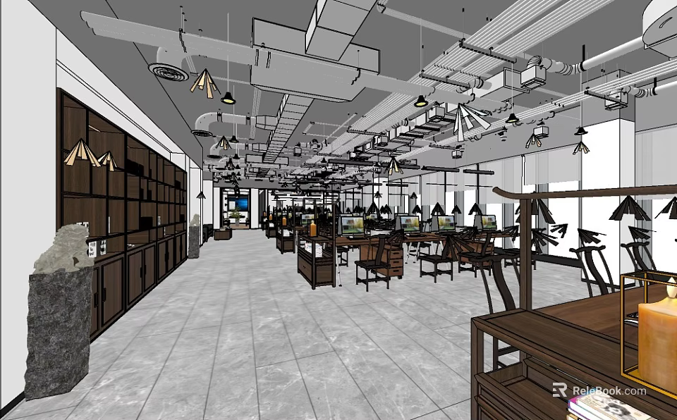 Modern Public Office Space With Open Layout Workstations Ceiling Lights And Storage Cabinets 3d model