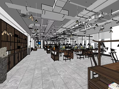 Modern Public Office Space With Open Layout Workstations Ceiling Lights And Storage Cabinets 3d model