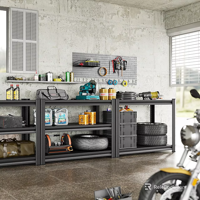 Garage Shelves With Industrial Wall Tool Pegboard Tools Tires Storage Boxes Cans And Motorcycle Part 3d model 