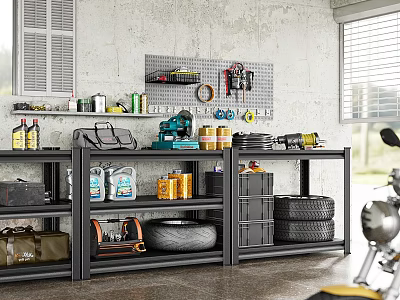 Garage Shelves With Industrial Wall Tool Pegboard Tools Tires Storage Boxes Cans And Motorcycle Part 3d model