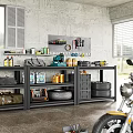 Garage Shelves With Industrial Wall Tool Pegboard Tools Tires Storage Boxes Cans And Motorcycle Part