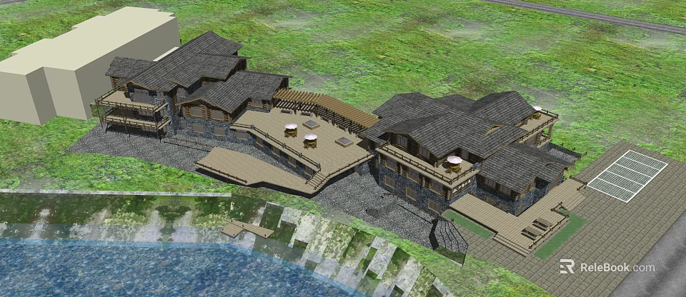 Waterfront Post Station with Connected Buildings Dark Roofs Terrace Seating Near Grassland and Water 3d model 