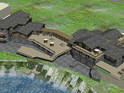 Waterfront Post Station with Connected Buildings Dark Roofs Terrace Seating Near Grassland and Water 3d model