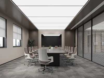Modern Conference Room Interior With Long Table Ergonomic Chairs And Glass Partitions 3d model