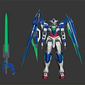 White And Blue Robot Character Figure With Green Energy Blades Red Feet And Sci Fi Weapon