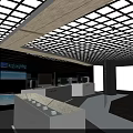 Modern Exhibition Hall Interior With Display Counters Multiple Screens And Brand Signage