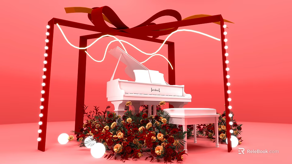 White Piano Setup With Red Gift Box Frame Red Bow Flower Decor And String Lights 3d model