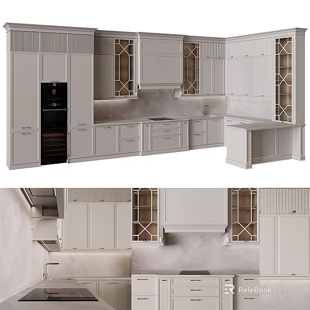 Modern White Kitchen Interior With Upper Lower Cabinets And Glass Door Design 3d model 