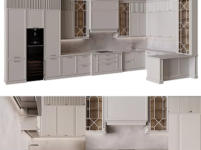 Modern White Kitchen Interior With Upper Lower Cabinets And Glass Door Design 3d model