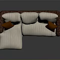 Modern Sectional Sofa with Beige Striped Cushions Brown Armrests and Throw Pillows