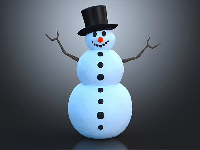 Adorable Snowman With Three Snowball Body Black Top Hat Carrot Nose And Stick Arms 3d model
