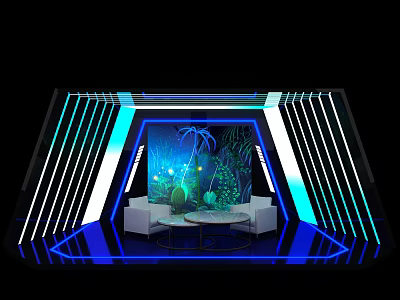 Public Office Space With Illuminated Lines Blue Green Lighting Sofa And Plant Decor 3d model