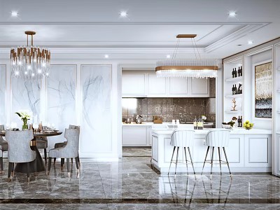 Elegant Modern Restaurant Interior With Dining Table Chandelier And Decorative Art 3d model