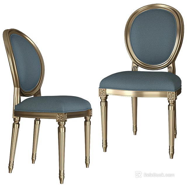 Elegant Vintage Accent Chairs With Blue Fabric And Gold Carved Legs 3d model 