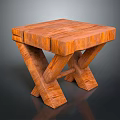 Handcrafted Rustic Wooden Stool Featuring Square Top And Crossed Legs With Natural Wood Grain