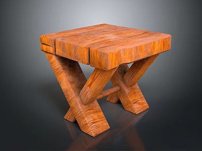 Handcrafted Rustic Wooden Stool Featuring Square Top And Crossed Legs With Natural Wood Grain 3d model