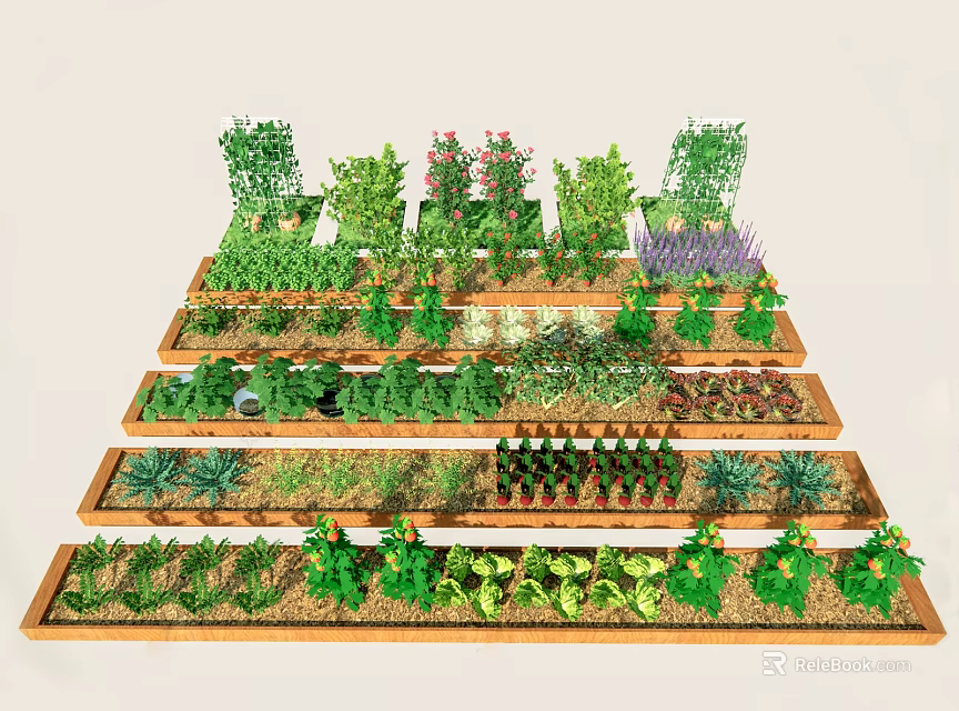 Multi Tiered Planter Setup Featuring Various Vegetables Herbs And Flowers 3d model