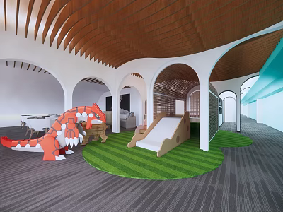 Kindergarten Indoor Play Space with Wooden Ceiling Arched Doorways Green Lawn Slide and Dinosaur Toy 3d model