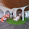 Kindergarten Indoor Play Space with Wooden Ceiling Arched Doorways Green Lawn Slide and Dinosaur Toy