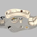 Modern Curved Sofa and Round Coffee Table Set with Pillows Floor Lamp and Plush Stool