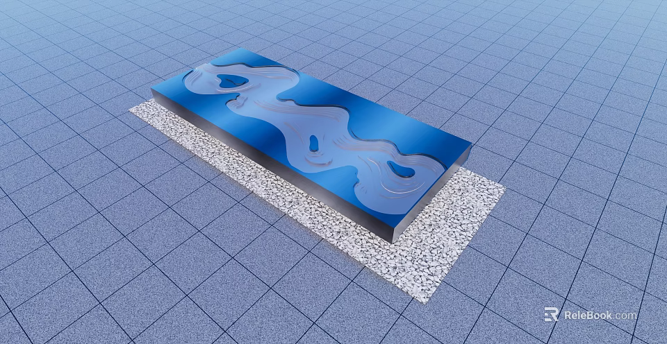 Modern Blue Water Fountain With Wave Design And Gravel Base 3d model 
