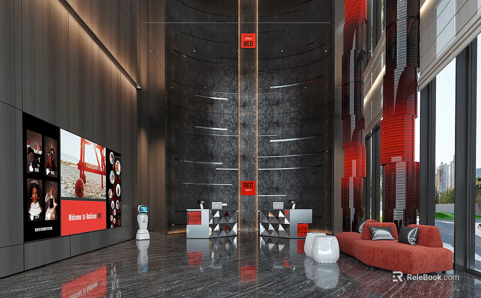 Elegant Modern Hotel Lobby Interior Design With Reception Area And Red Sofa Decor Elements 3d model 