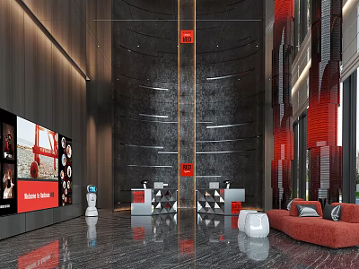 Elegant Modern Hotel Lobby Interior Design With Reception Area And Red Sofa Decor Elements 3d model