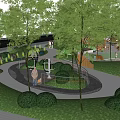 Scenic Park Landscape Featuring Circular Pathway Lush Trees Green Bushes And Children Playing