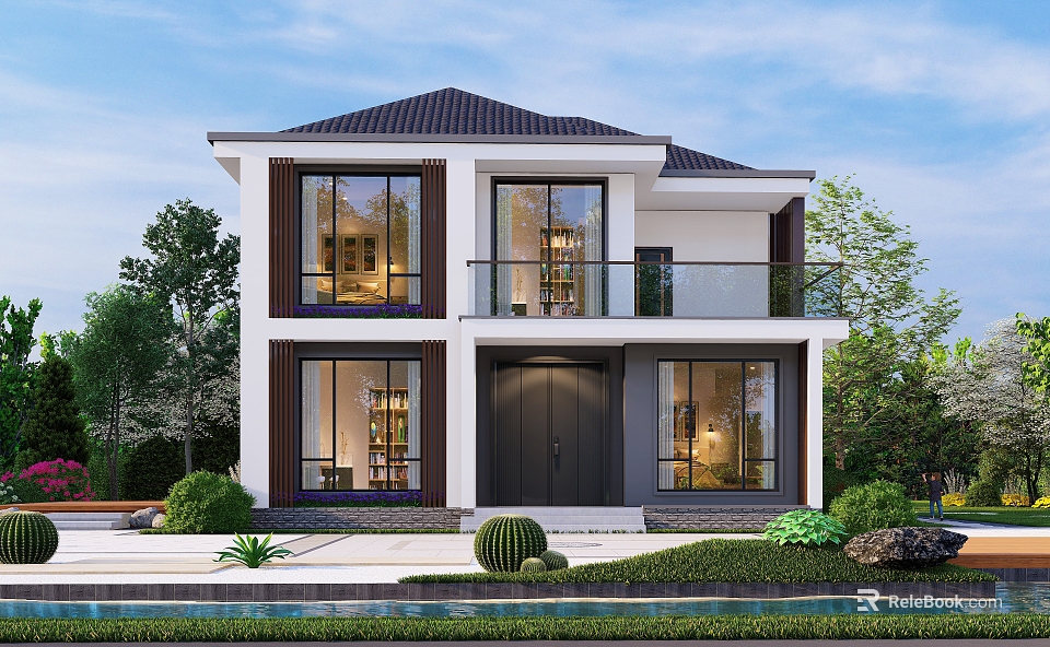 Modern Two-Story Detached Villa With Balcony Large Windows White Walls Black Roof And Greenery 3d model 