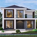 Modern Two-Story Detached Villa With Balcony Large Windows White Walls Black Roof And Greenery